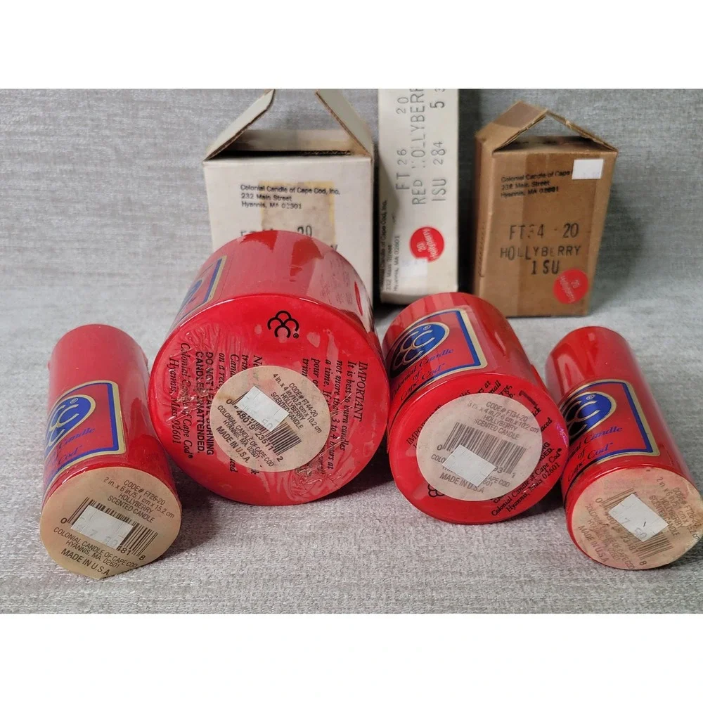 Vintage Colonial Candle of Cape Cod Hollyberry Red Pillar Candles Set of 4 USA